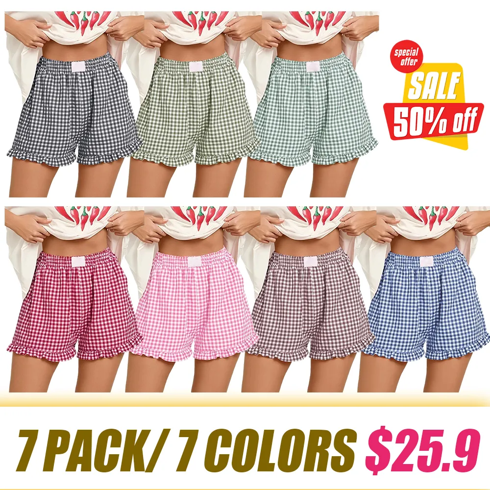 Women's Casual Lounge Sleep Plaid Ruffle Boxer Shorts Pajama Gingham Beach Bottoms Pockets