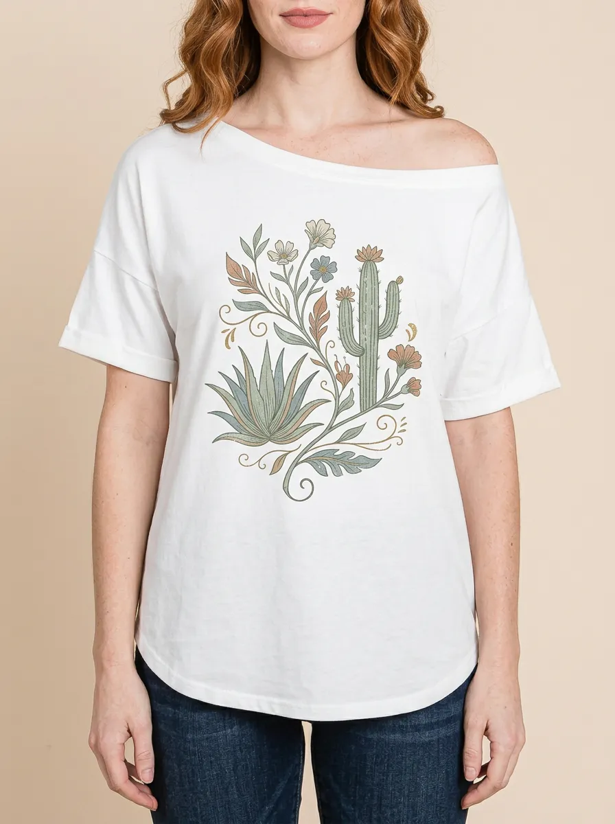 Women's Boho Desert Plant Cactus Floral Graphic Off-Shoulder T-Shirt