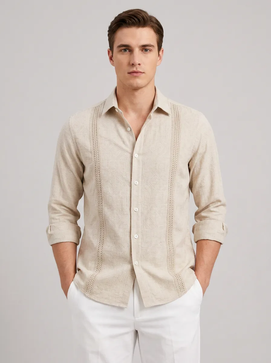 Men's Casual Beachwear Embroidered Panel Linen Printed Shirt