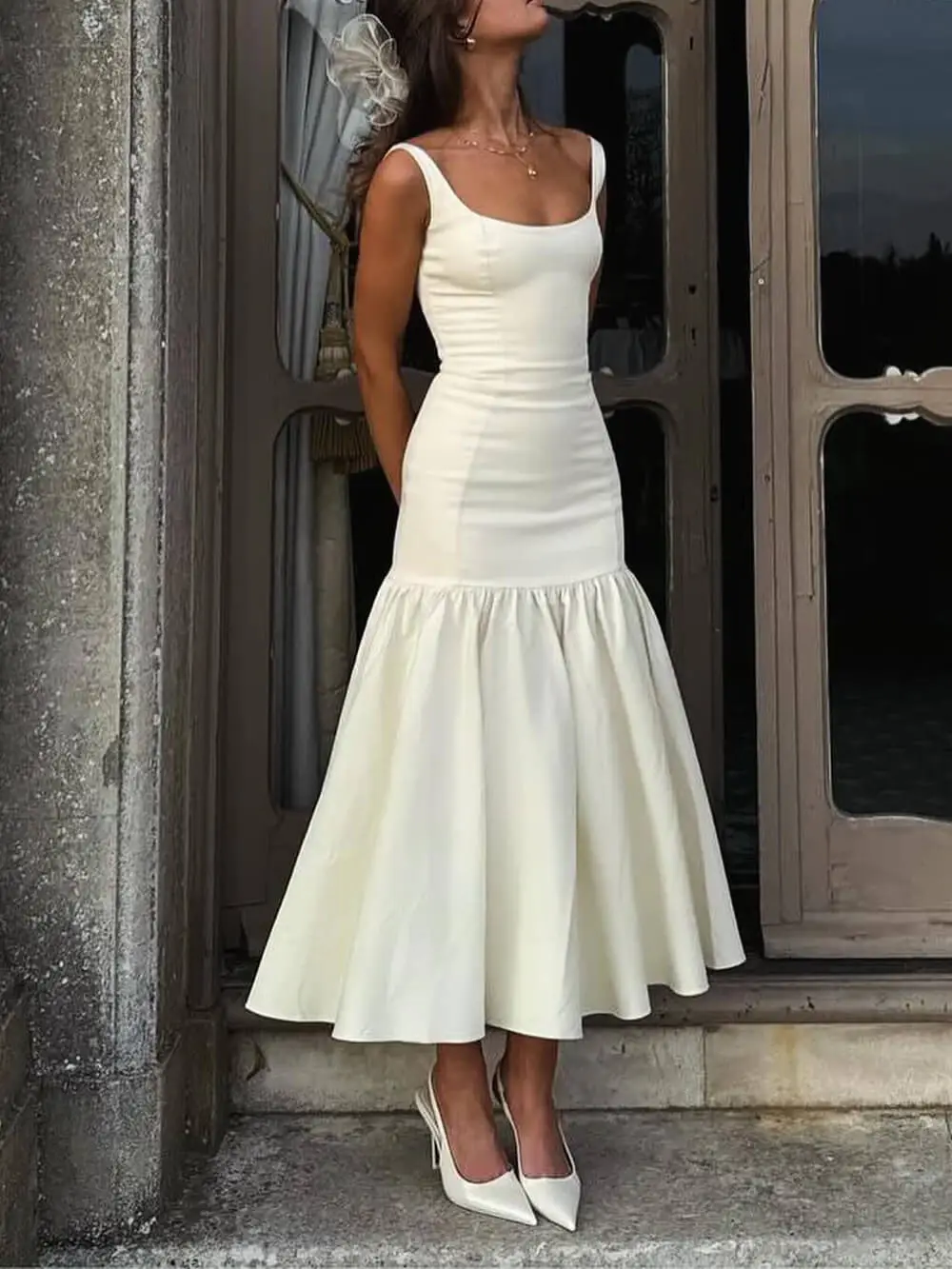Graceful Square Neck Wide Strap Drop Midi Dress