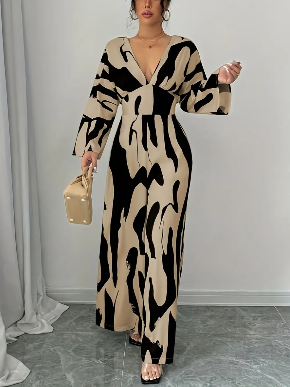 Abstract Print V Neck Wide Leg Jumpsuit