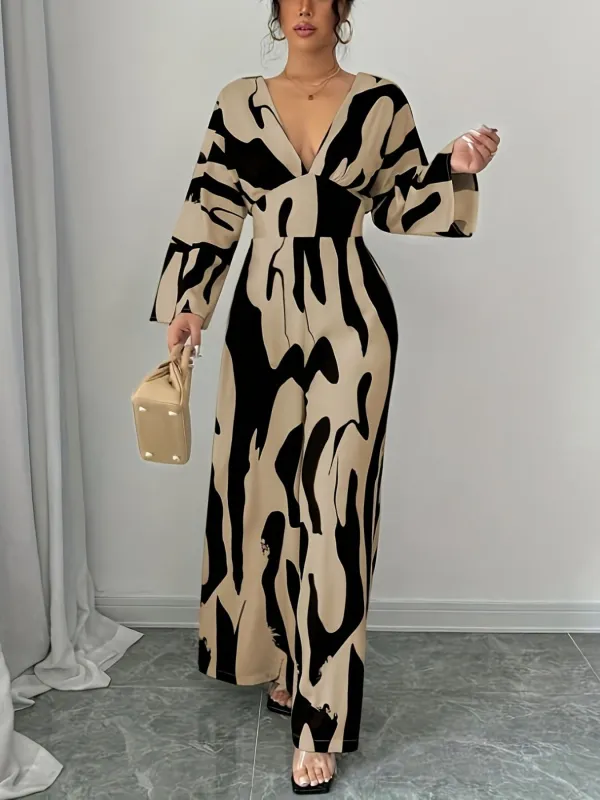 Abstract Print V Neck Wide Leg Jumpsuit