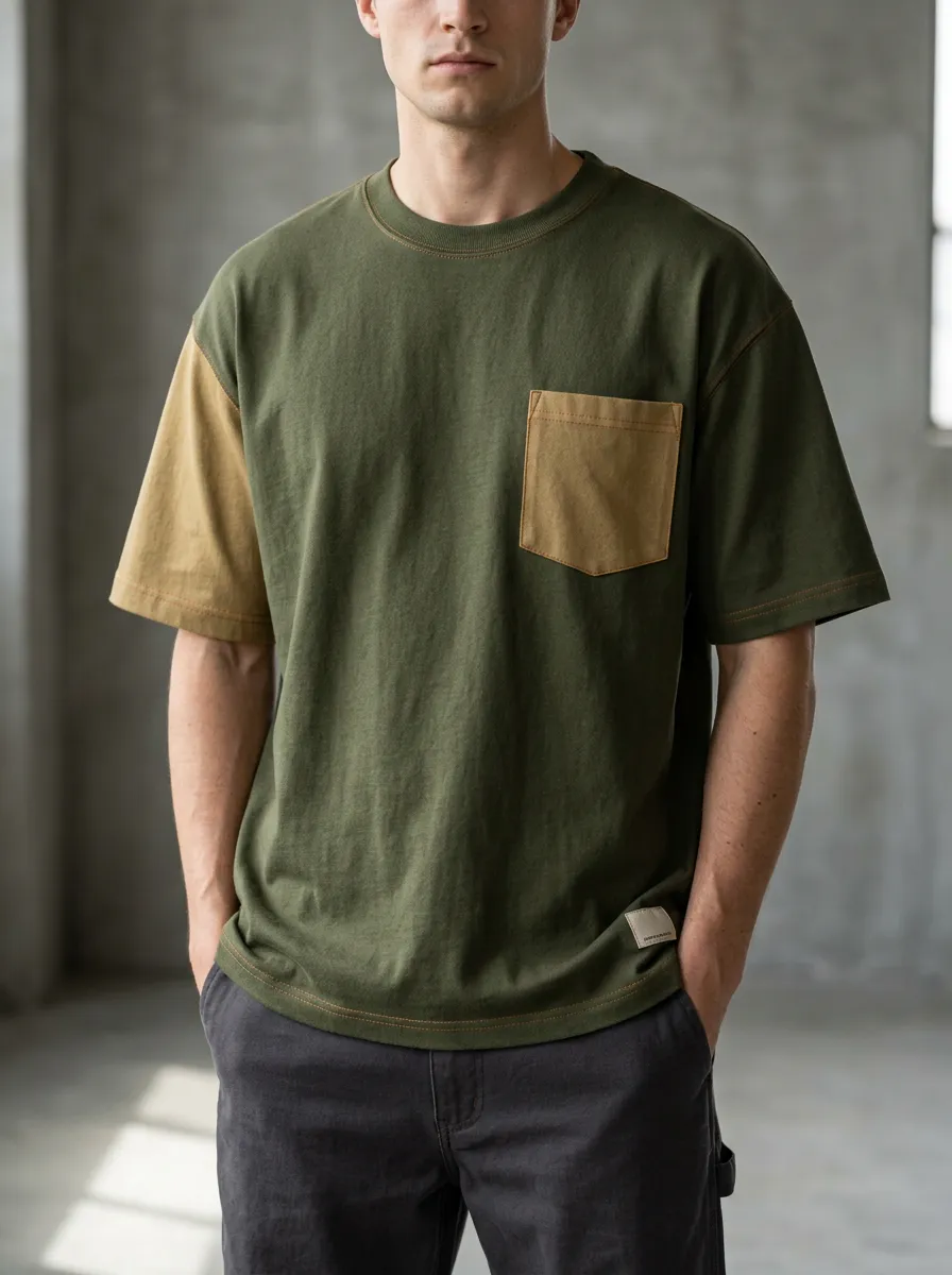 Men's Workwear T-Shirt with Contrast Sleeves and Chest Pocket
