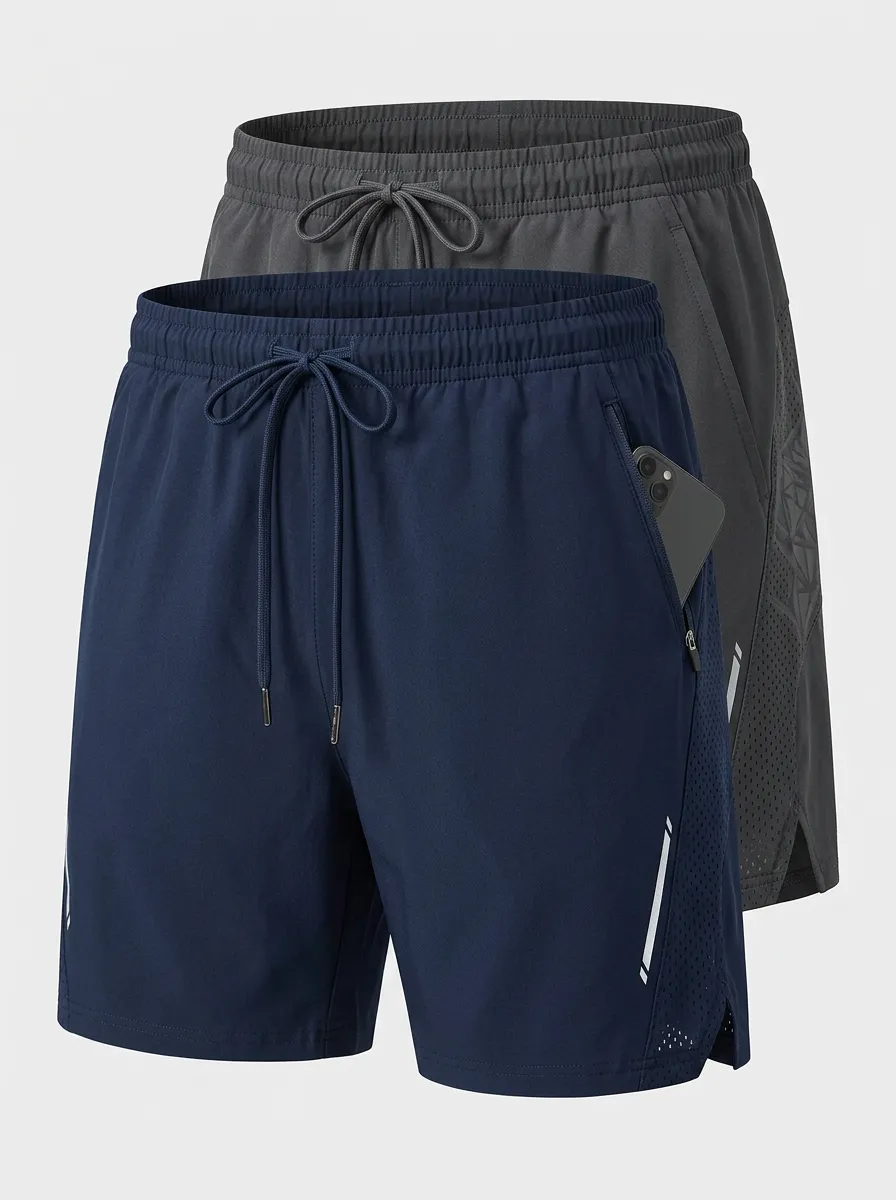 Mesh Zipper-Pocket Athletic Two-Pack Athletic Shorts