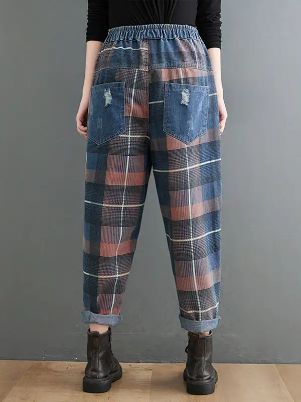 Artistic Retro Plaid Relaxed Fit Harem Elastic Waist Jeans