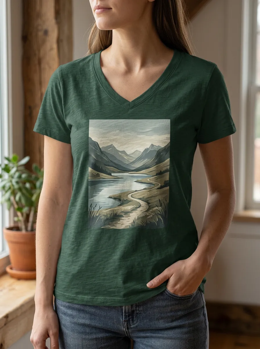 Women's Nature Lover Mountain Lake Landscape Printed V-neck T-shirt
