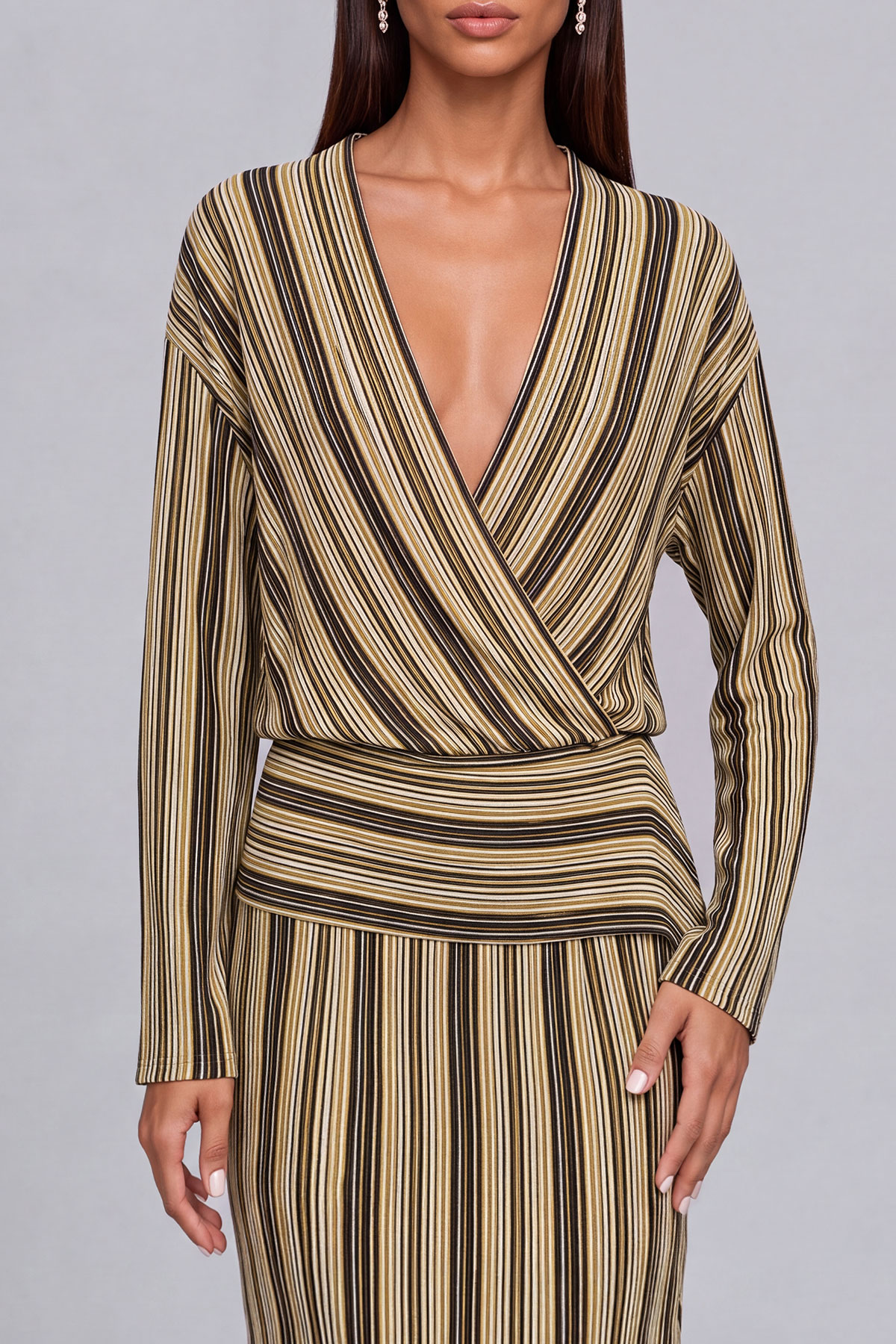 Plunge Neck Striped Midi Dress