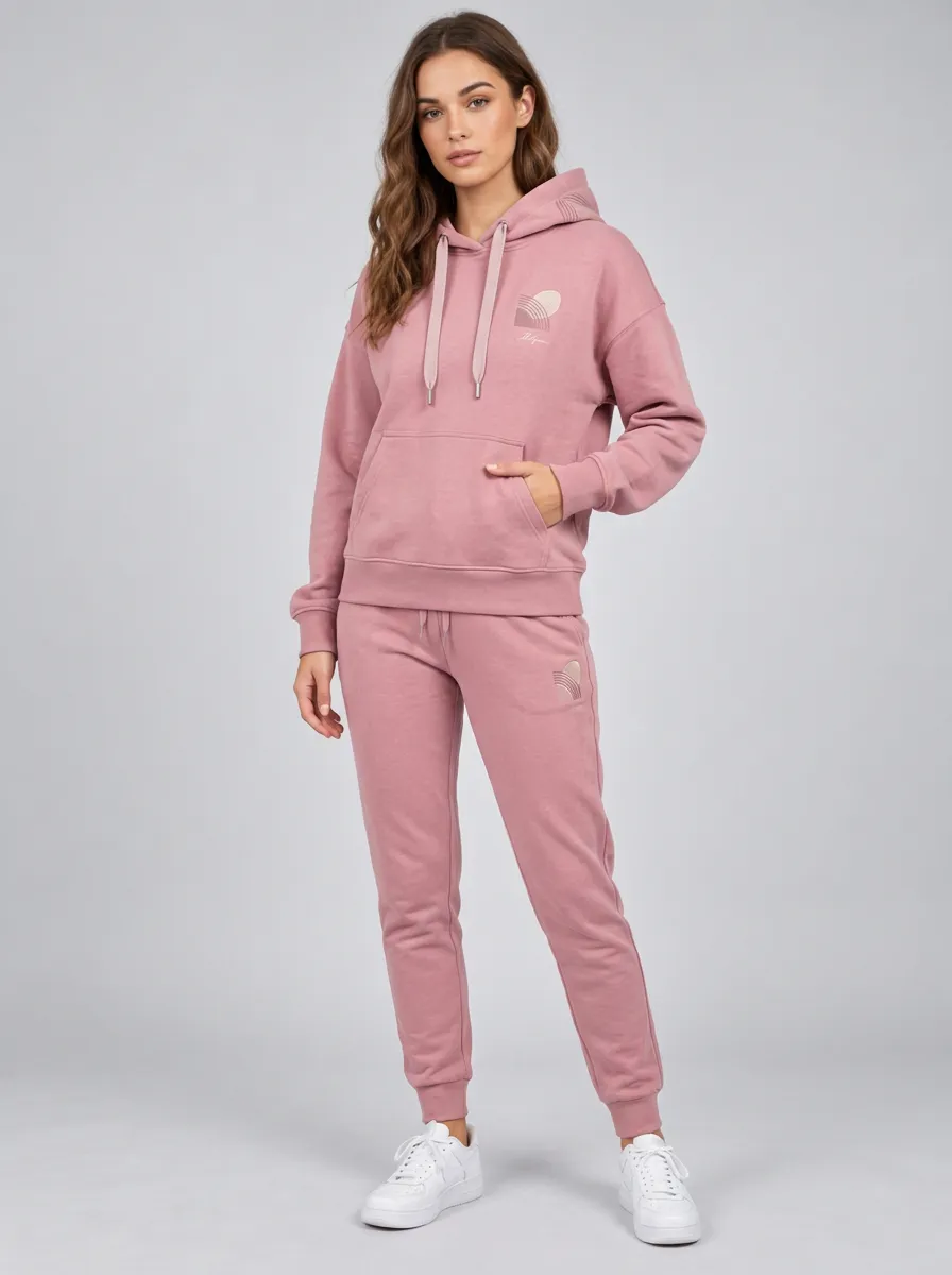 Women's Dusty Rose Kangaroo Pocket Solid Hoodie & Pants Set