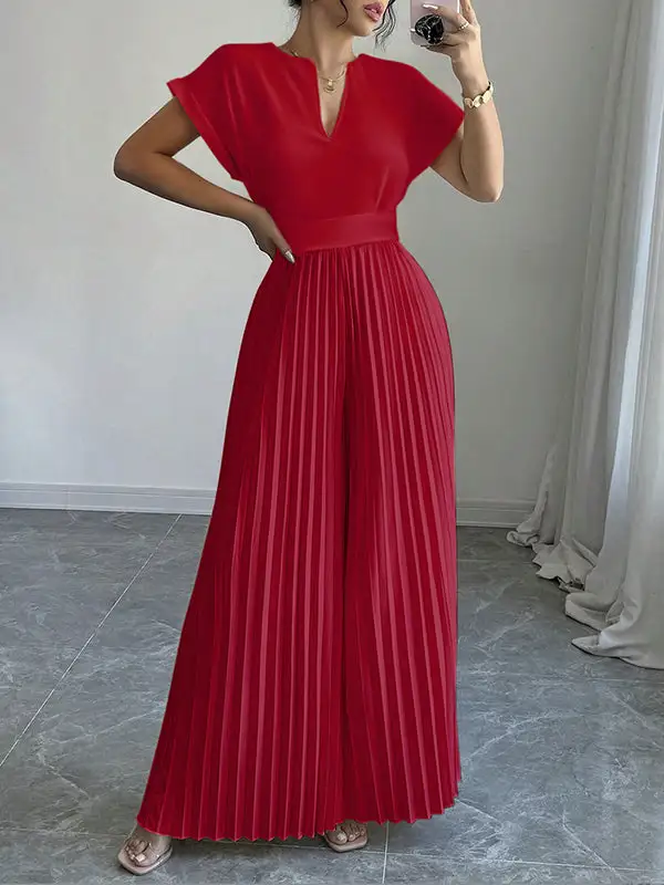 Losse Jumpsuits Met Korte Mouwen Geplooide Effen Kleur