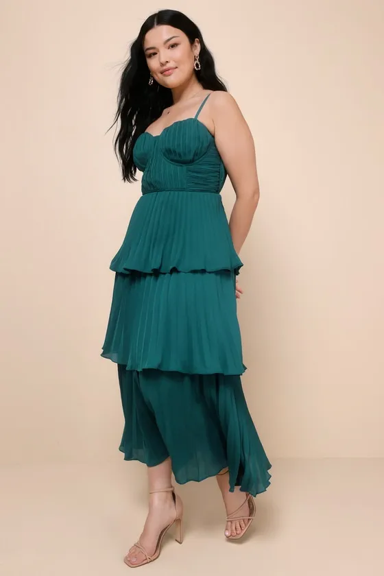 Cascading Crush Light Blue Tiered Bustier Midi Dress