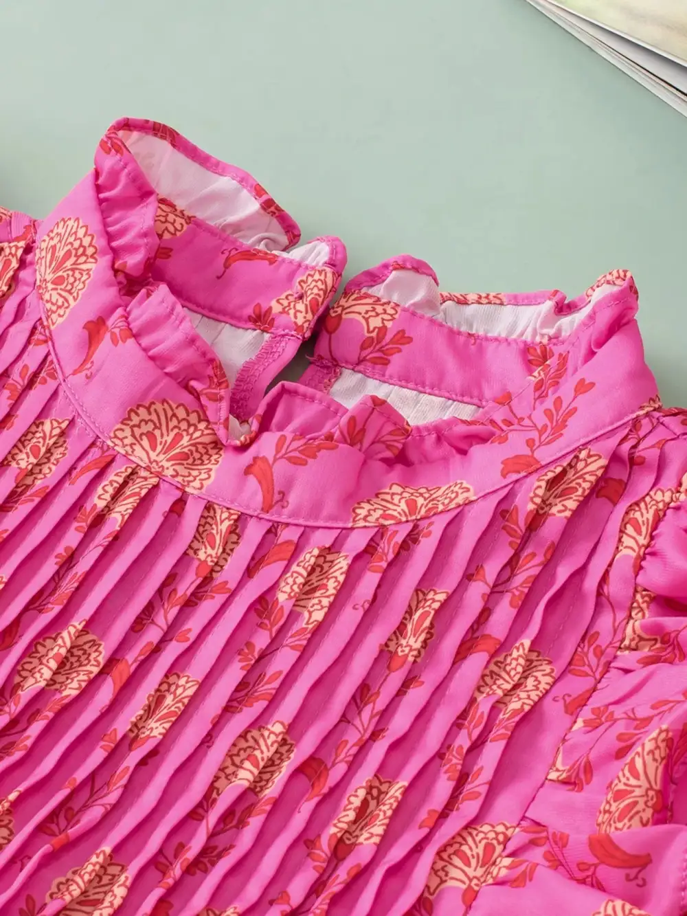 Floral Print Pleated Ruffled Flutter Sleeve Blouse