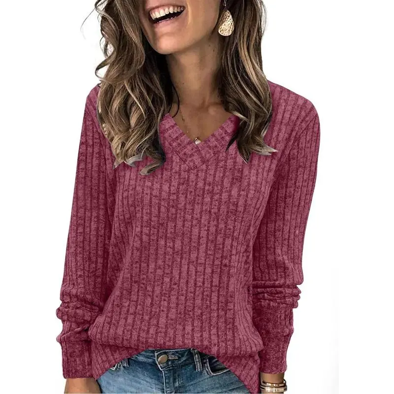 Women's V-Neck Long Sleeve Knit Sweater | Lightweight | Oversized Loose Fit Sweater for Layering
