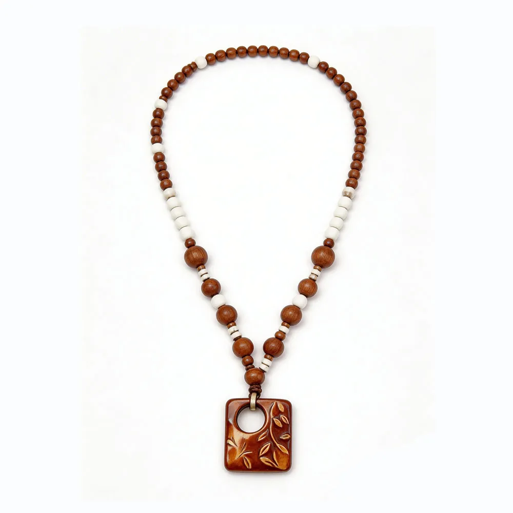 Vintage Wooden Beaded Pendant Necklace for Women - Boho Ethnic Long Chunky Statement Necklace with Square Leaf Engraved Pendant, Handmade Fashion Jewelry