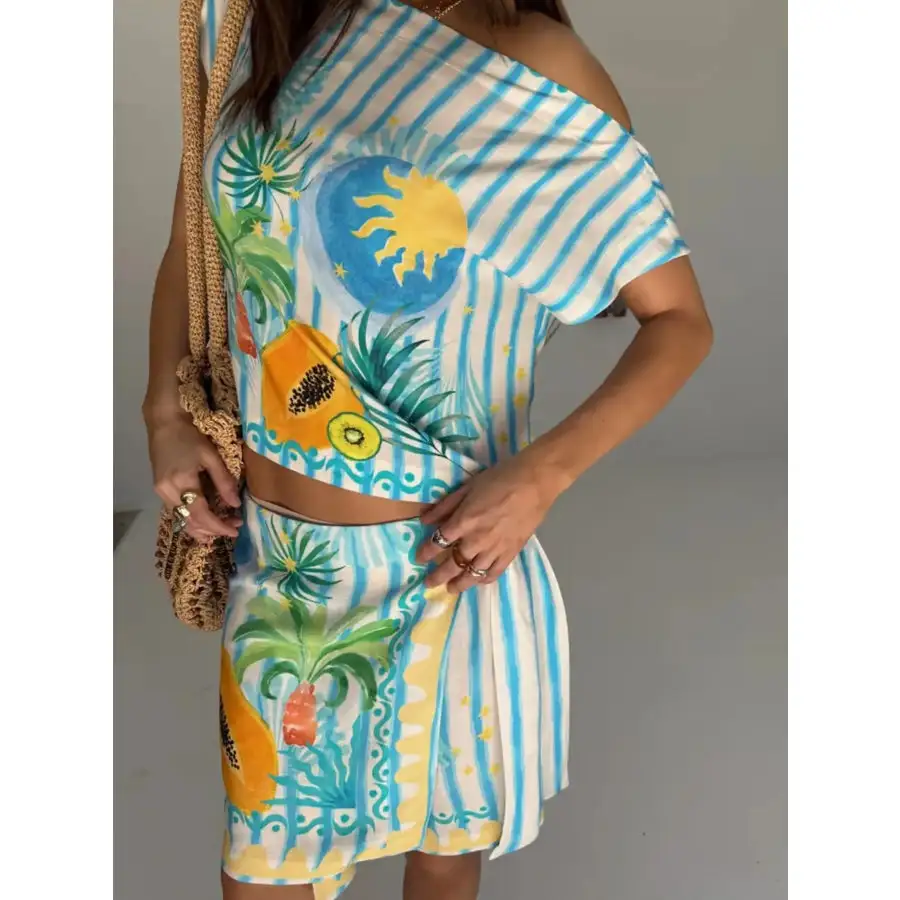 Printed Striped Single Shoulder Top and Skirt Set
