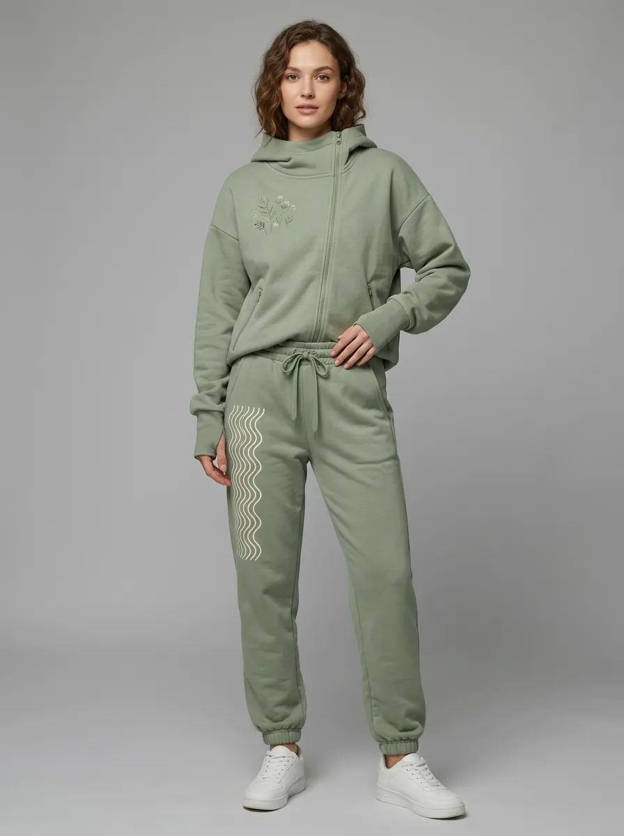 Women's Sage Green Asymmetric Zip Zip-Up Hoodie Jacket & Jogger Set