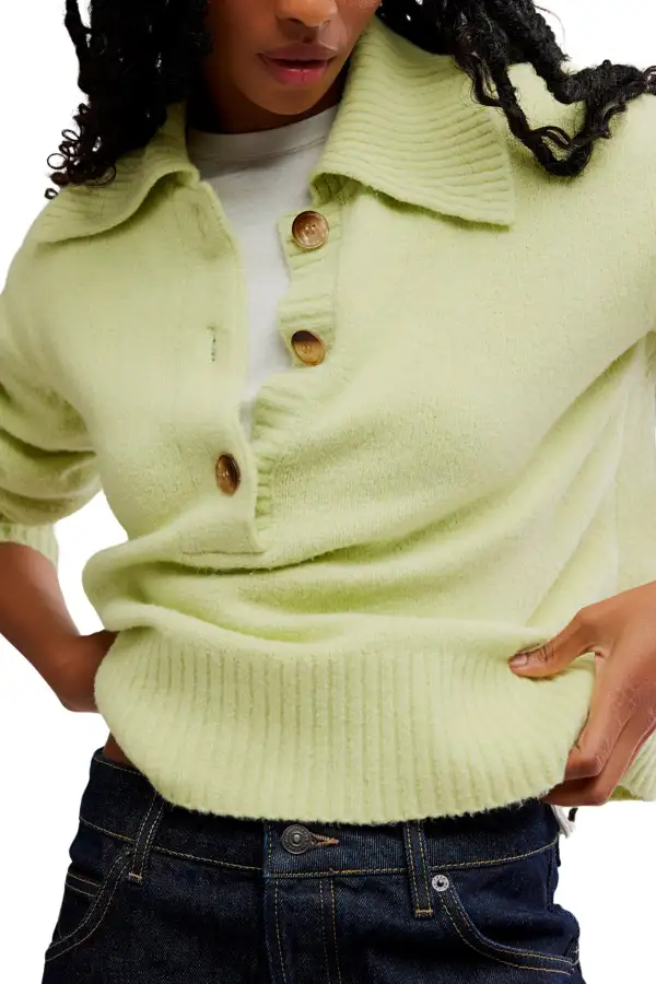 Ribbed Button Front Collared Relaxed Polo Sweater