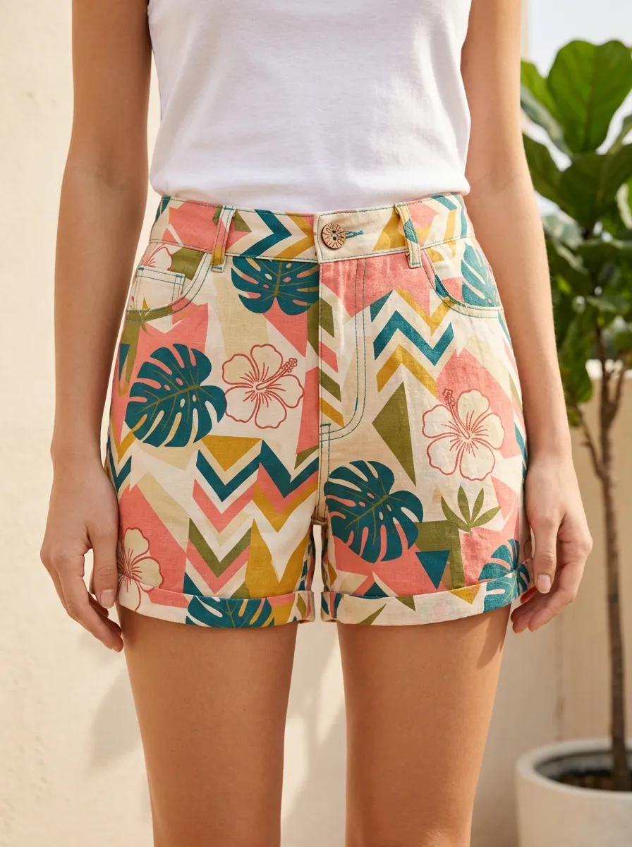 Women's Tropical Hibiscus Geometric Printed Shorts