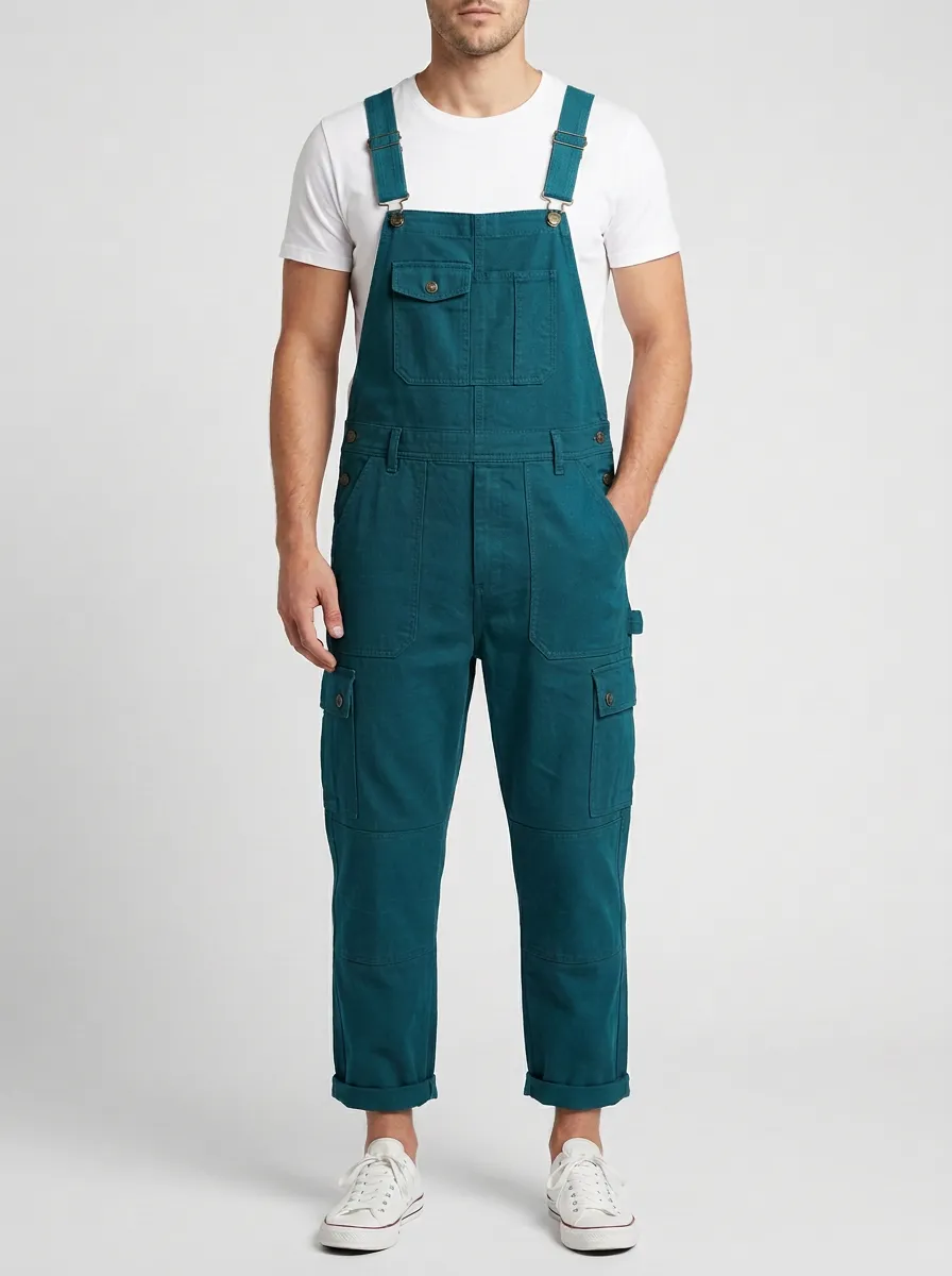 Men's Olive Green Reinforced-Knee Cargo Bib Overalls