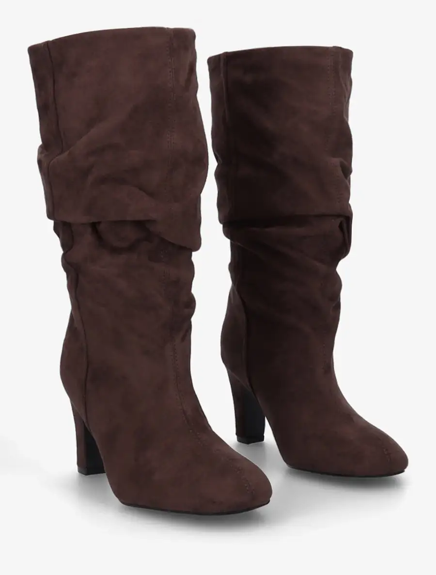 Statement Block Heel Ruched Faux Suede Knee High Boots
