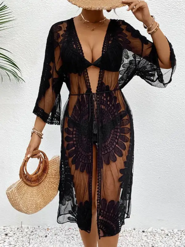 Lace Open Front Longline Swim Cover Up