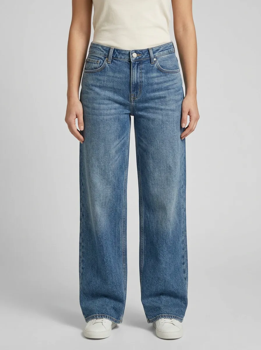 Women's Relaxed Contrast-Stitch Full-Length Wide-Leg Denim Jeans