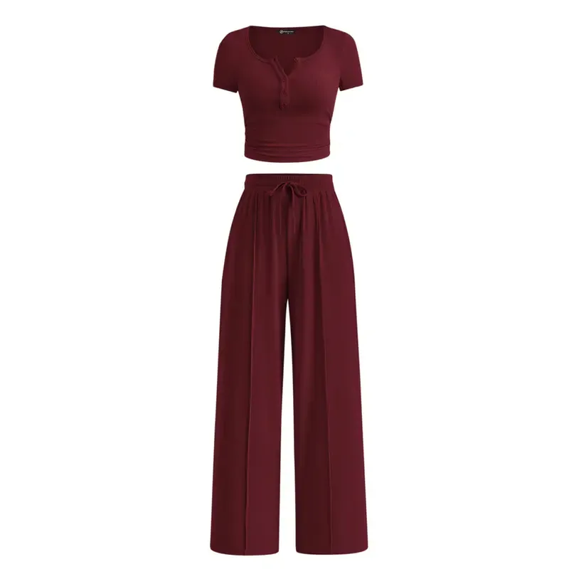 Women's two-piece summer ribbed knit button short-sleeve crop top and wide-leg pants