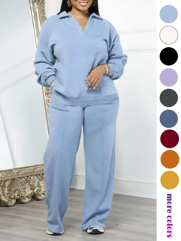 Women'S Solid Long Sleeve Sweatshirt & Drawstring Waist Pants Set