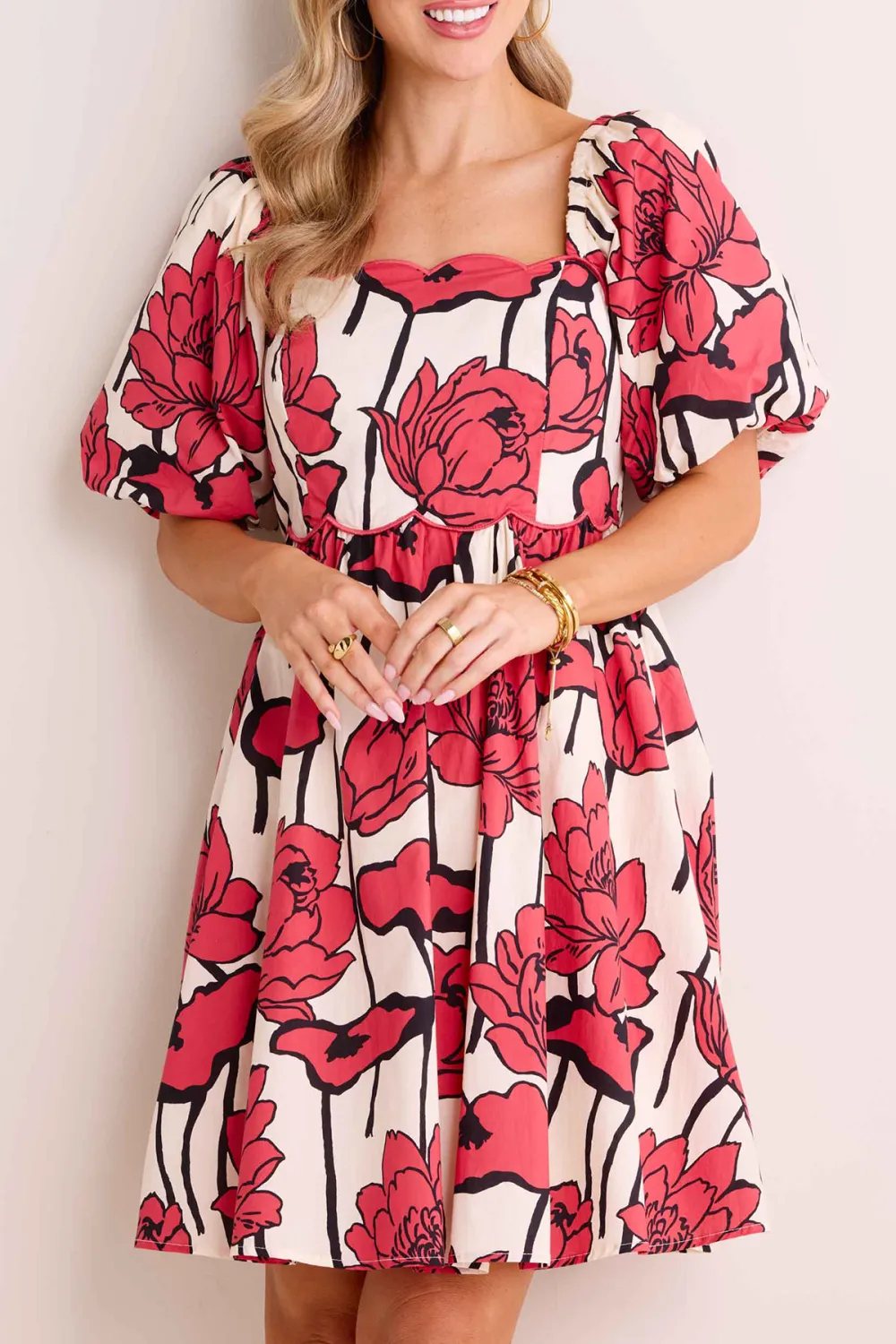 Floral Print Square Neck Puff Sleeve Dress