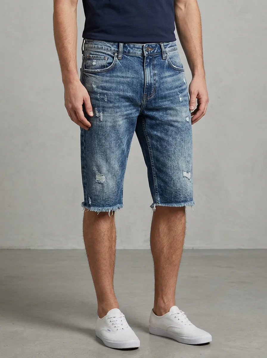 Men's Timeless Distressed Raw Hem Street Inspired Distressed Denim Shorts
