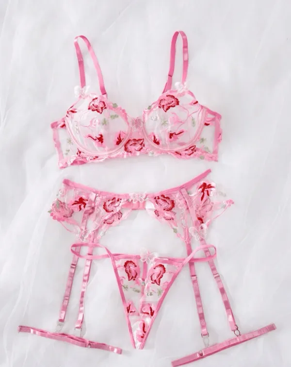 Floral Lace Garter Lingerie Set