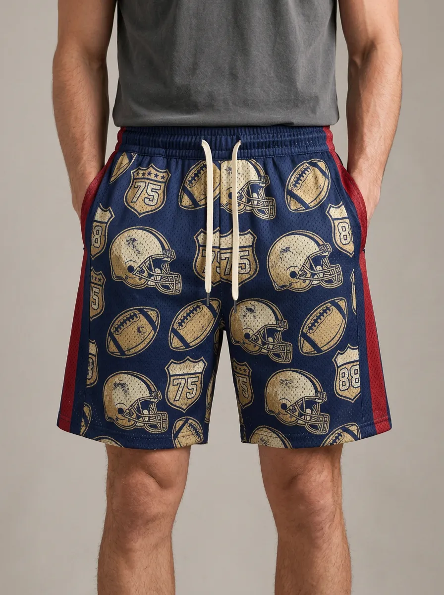 Men's American Football Lover Helmet Number 75 Printed Mesh Shorts