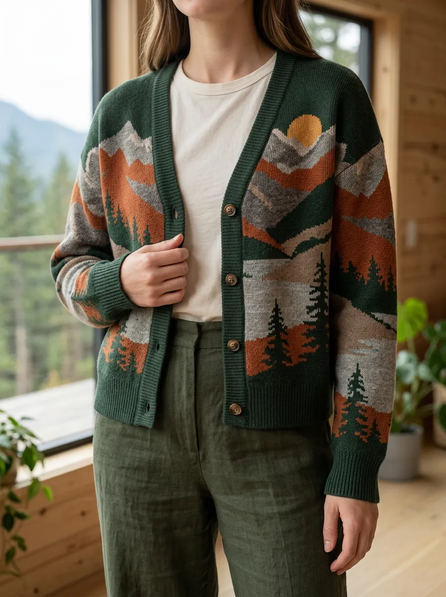 Women's Nature Lover Mountain Forest Sunset Printed Dropped Shoulder Everyday Layering Cardigan