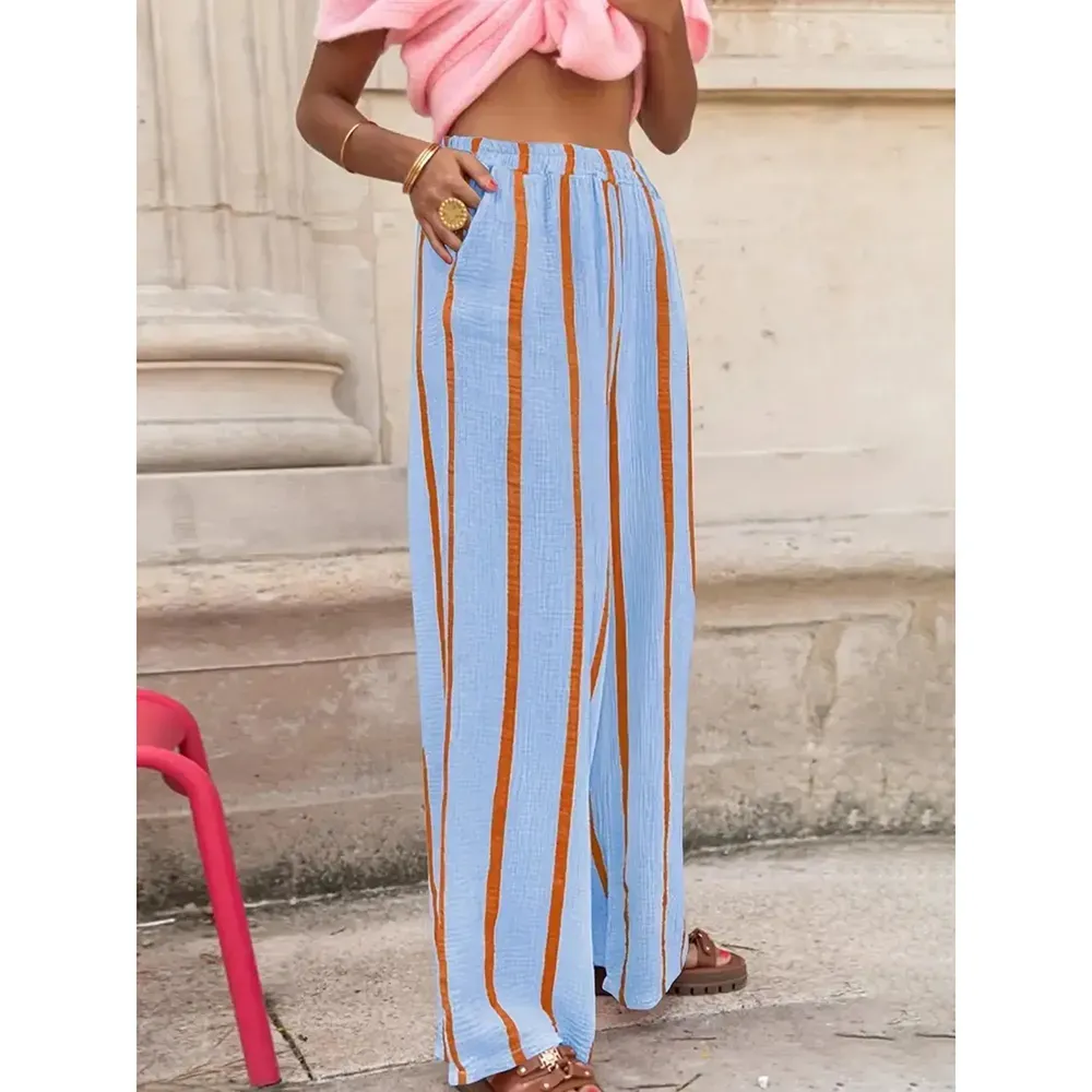 Women's Linen Striped Print Wide Leg Pants