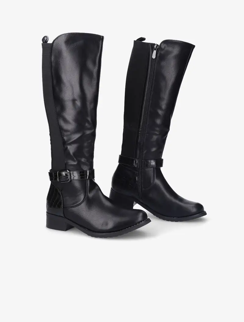 Everyday Strap Detail Block Heel Faux Leather Knee High Boots