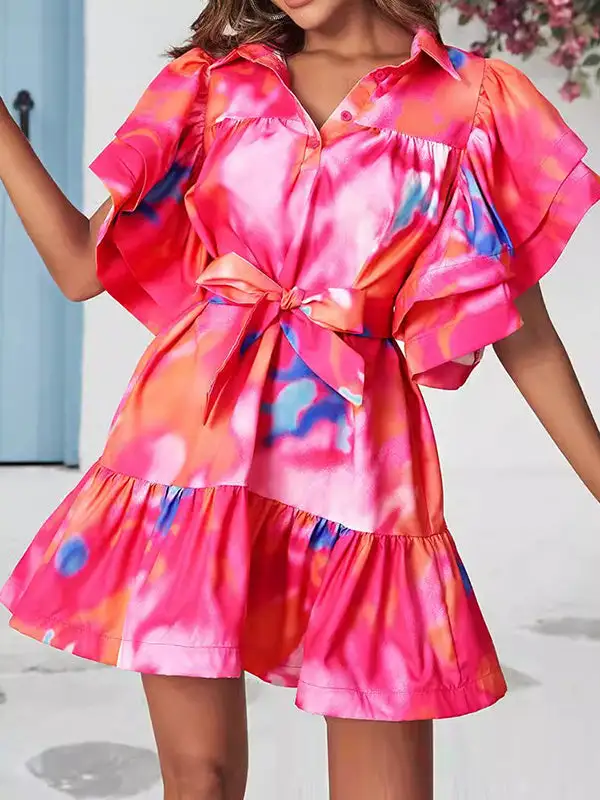 Relaxed Ruffle Sleeve Buttoned Leaves Print Split Joint Tied Waist Tie