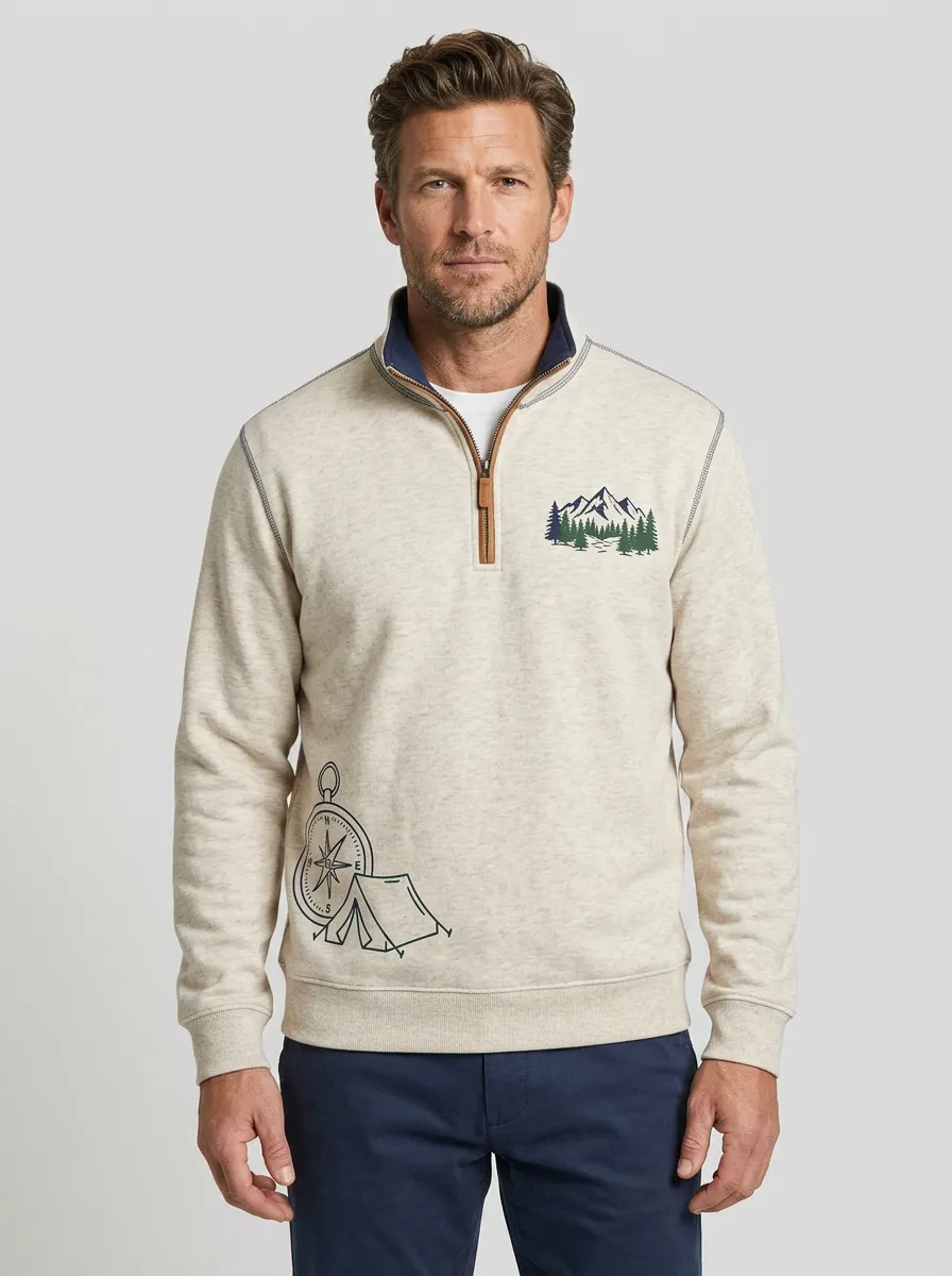 Men's Camping Mountain Compass Graphic Zip-Neck Sweatshirt