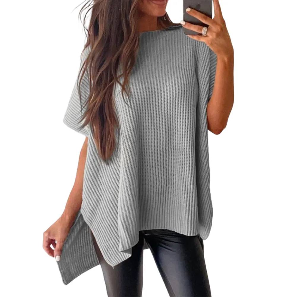2025 Fall Clothing Women's Oversized Knit Top, Casual Crew Neck Drop Shoulder Loose Fit Short Sleeve Pullover Sweater with Side Slit