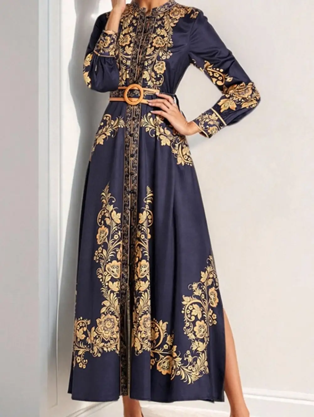 Retro Print Stand Collar Split Hem Dress