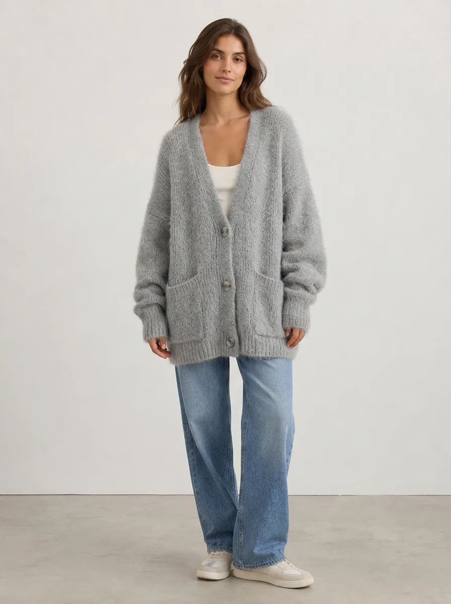 Women's Casual Oversized Grey Fuzzy Knit Button Cardigan Top
