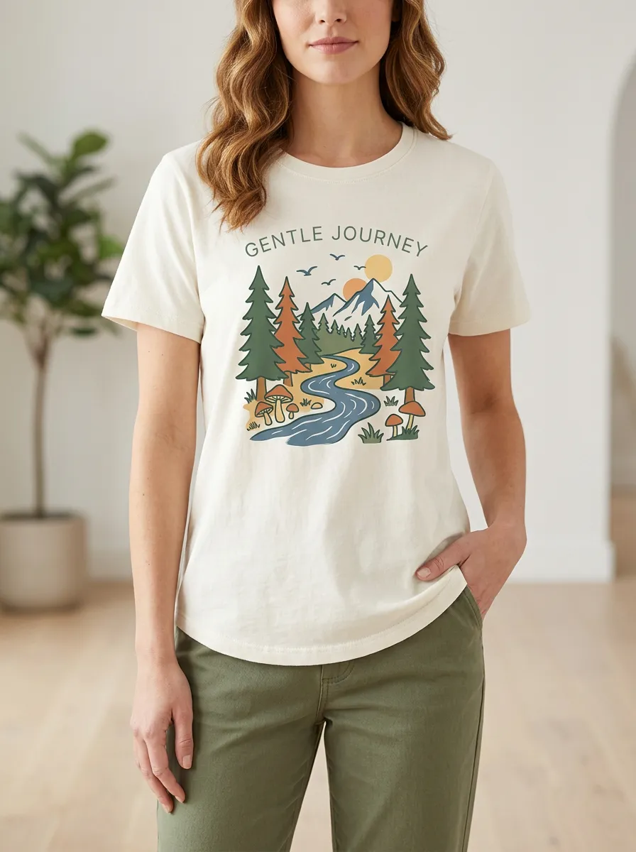 Women's Nature Gentle Journey Mountain River Print T-Shirt