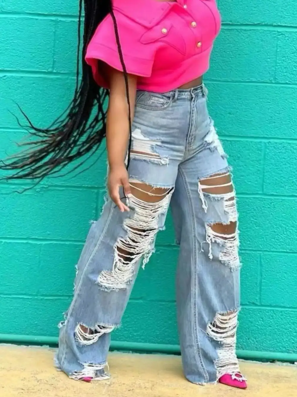 Wide Leg Distressed Denim Jeans
