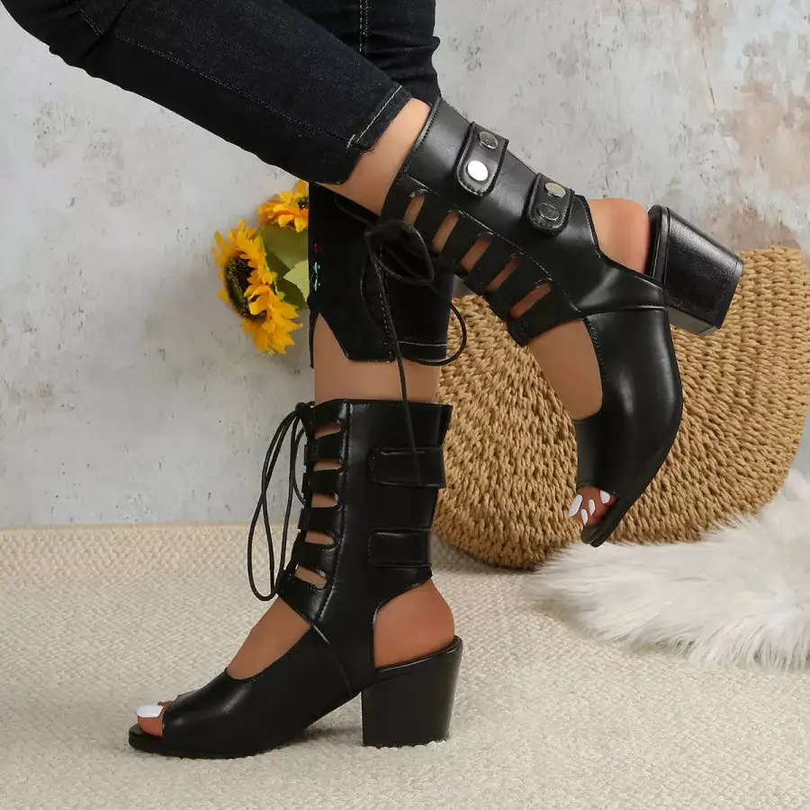 Classic Lace Up Block Heels Sandals