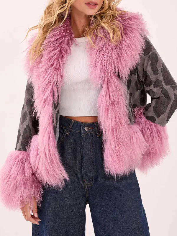 Women's Contrast Fuzzy & Leopard-Print Cropped Jacket