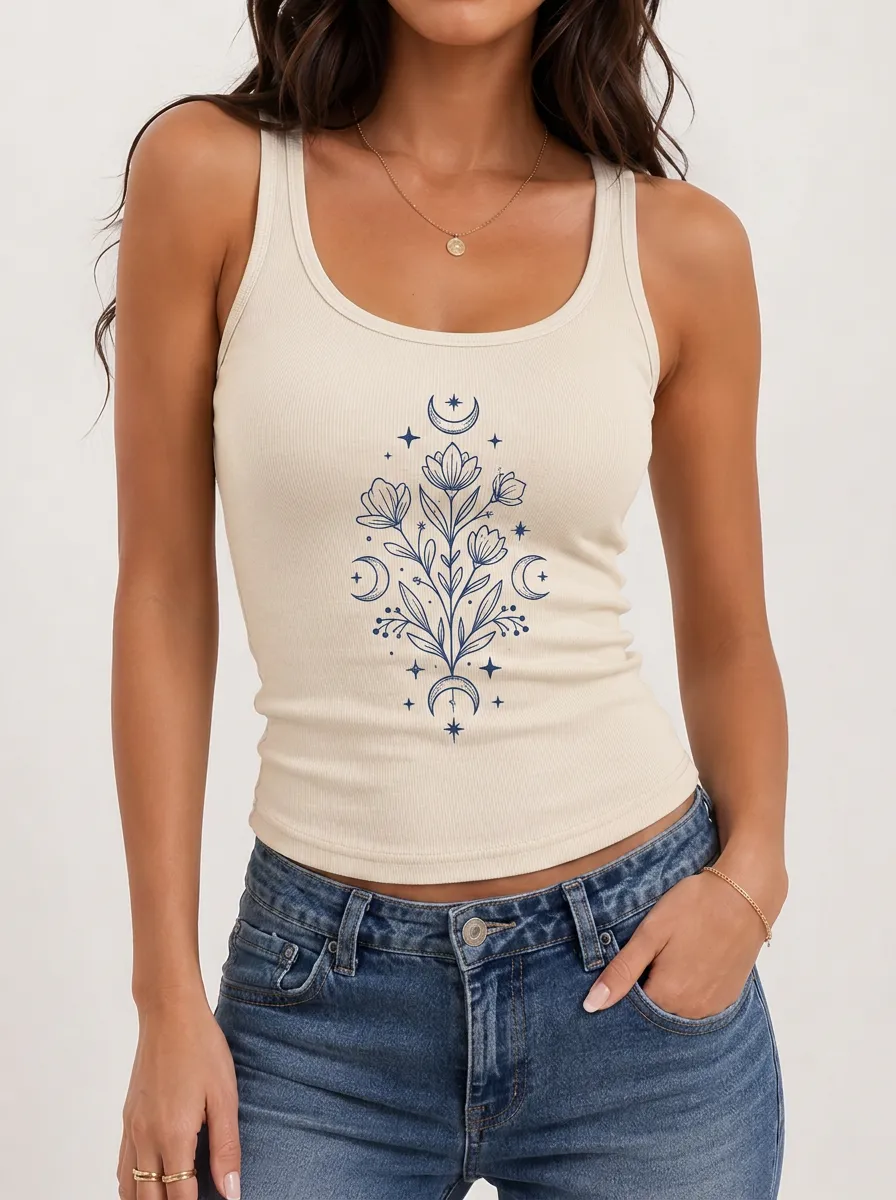 Women's Celestial Moon Star Scoop Neck Ribbed Tank