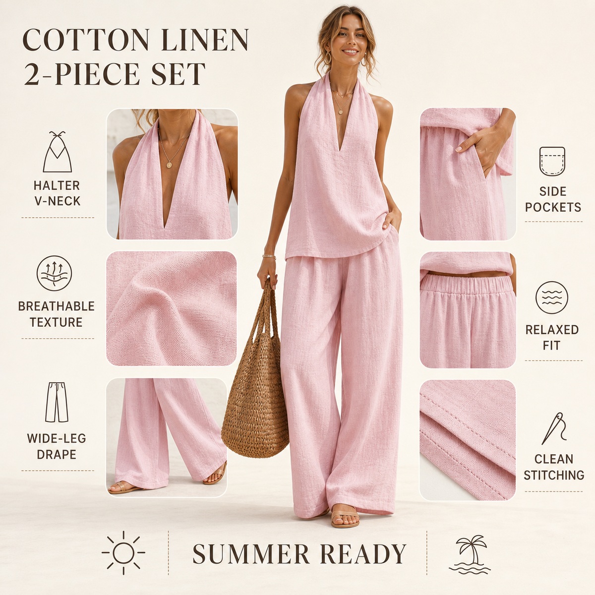 Detail breakdown for cotton linen two piece set