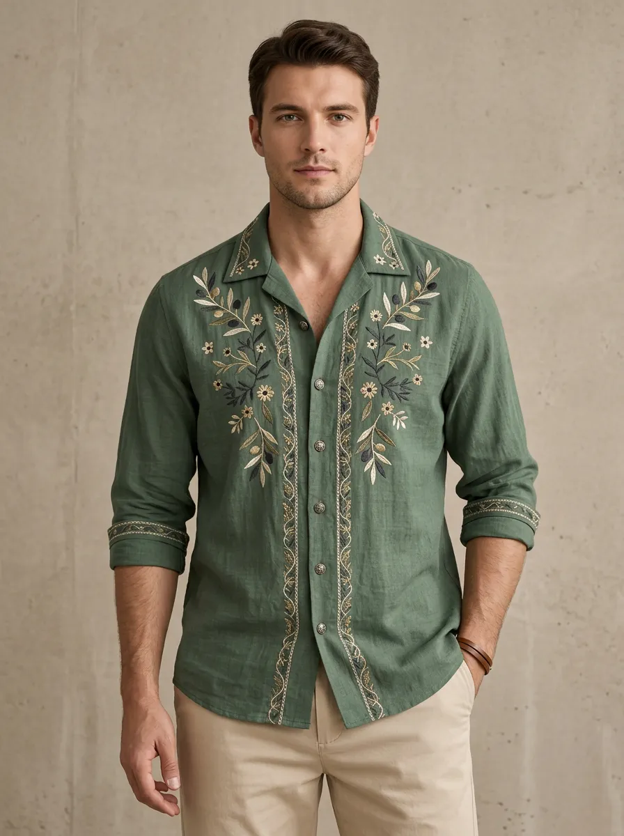 Men's Easygoing Linen Botanical Embroidered Shirt