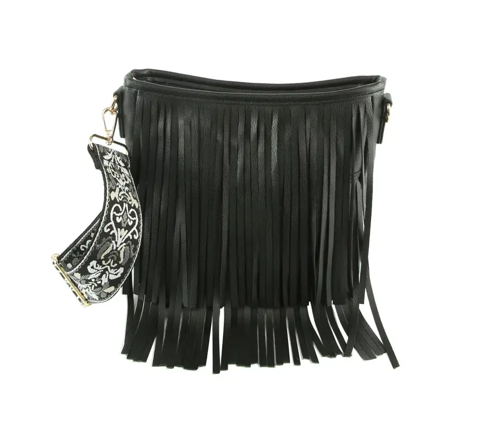 Fringed Tassel Accent Pocketed Crossbody Bag