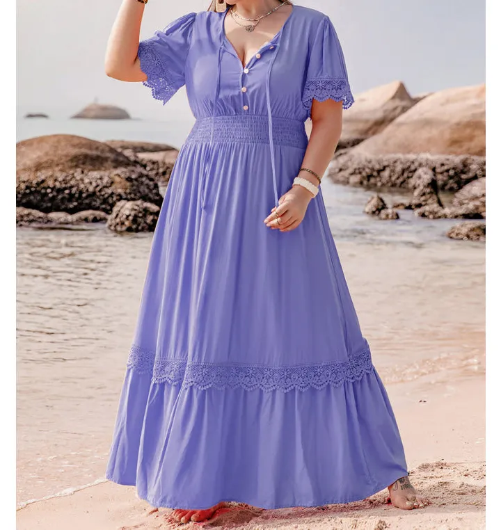 Plus Size Lace Detail Tie Neck Short Sleeve Maxi Dress