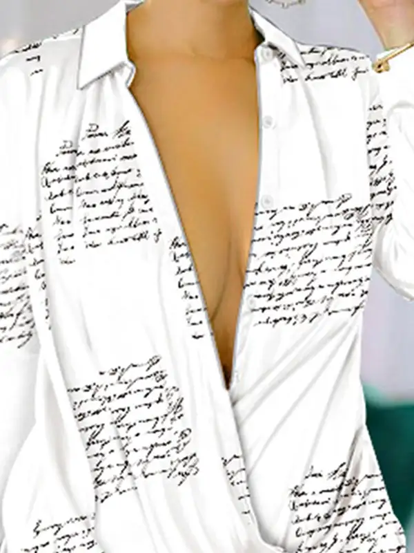 High Low Long Sleeve Letter Print Lapel Mini Dress Shirt Dress