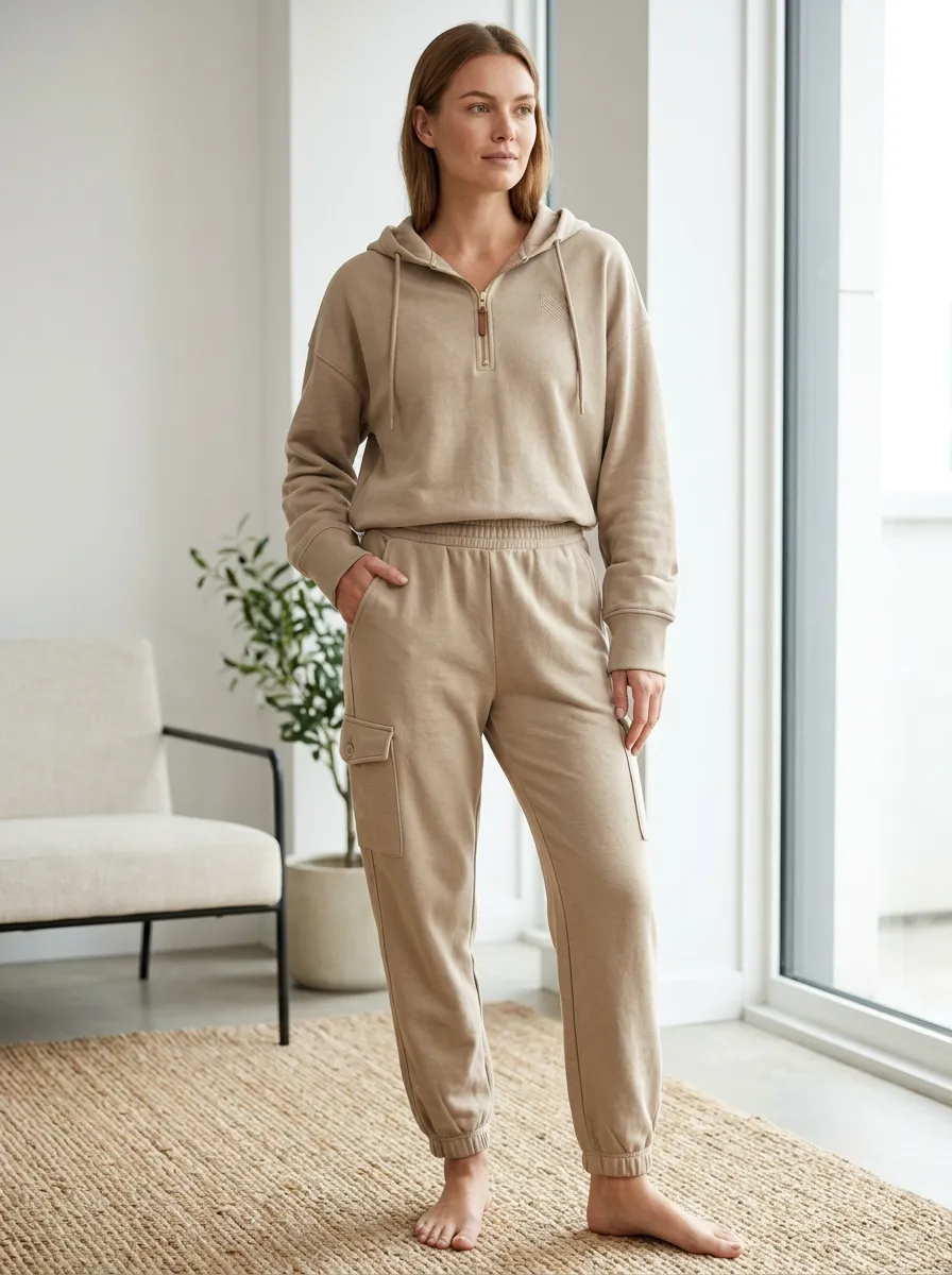 Women's Beige Minimalist Quarter-Zip Cargo Jogger Set